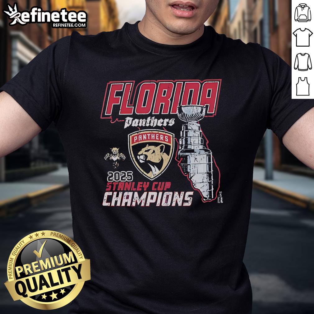 Official Florida Panthers 2025 Nhl Stanley Cup Champions State T Shirt Alt Text: Official Florida Panthers 2025 NHL Stanley Cup Champions T-Shirt featuring team logo and celebratory design.