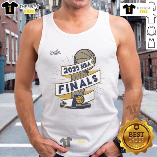 Official Indiana Pacers 2025 NBA Finals Clutch Tank Top featuring team colors and logo, perfect for fans.