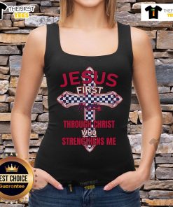Premium Atlanta Braves tank top featuring 'Jesus First Through Christ Who Strengthens Me' design for fans.