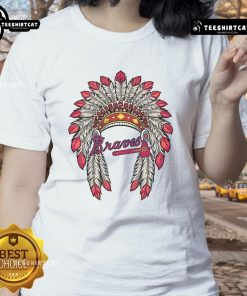Alt Text: Premium Atlanta Braves Native American logo ladies tee in soft fabric, perfect for fans showcasing team spirit.
