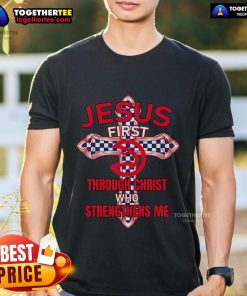 Premium Atlanta Hawks T-Shirt featuring 'Jesus First Through Christ Who Strengthens Me' design for fans and believers.