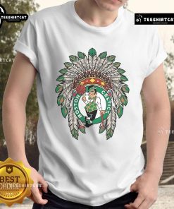 Alt Text: Premium Boston Celtics Native American Logo T-Shirt featuring a vibrant design, perfect for basketball fans and collectors.