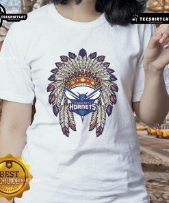 Alt Text: Premium Charlotte Hornets Native American Logo Ladies Tee showcasing vibrant team colors and stylish design.