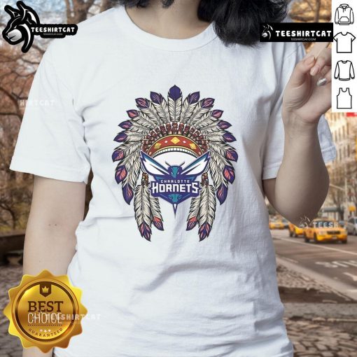 Alt Text: Premium Charlotte Hornets Native American Logo Ladies Tee showcasing vibrant team colors and stylish design.