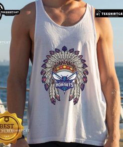 Alt Text: Premium Charlotte Hornets Native American logo tank top featuring vibrant colors and stylish design for fans.