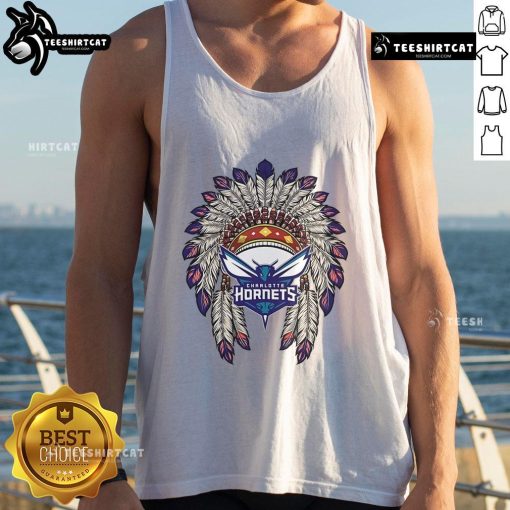 Alt Text: Premium Charlotte Hornets Native American logo tank top featuring vibrant colors and stylish design for fans.
