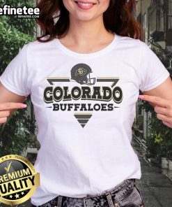 Alt Text: Premium Colorado Buffaloes football triangle helmet ladies tee featuring vibrant graphics and comfortable fit.