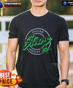 Premium Dallas Stars Hockey Colorblock Puck Logo T-Shirt featuring vibrant team colors and iconic logo design.