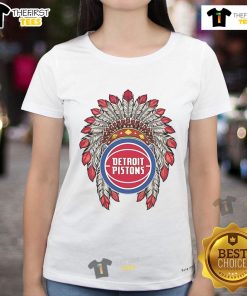 Premium Detroit Pistons Native American Logo ladies tee showcasing vibrant team colors and stylish design for fans.