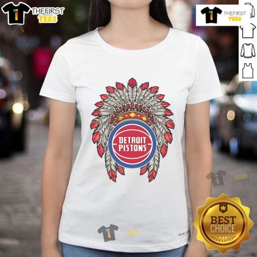 Premium Detroit Pistons Native American Logo ladies tee showcasing vibrant team colors and stylish design for fans.