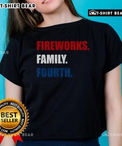 Premium Fireworks Family Fourth Ladies Tee featuring vibrant fireworks design for festive Fourth of July celebrations.