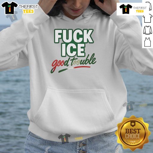 Premium Fuck Ice Good Trouble Hoodie in black with bold graphic design, perfect for casual streetwear style.