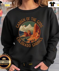 Premium Garden of the Gods Colorado Springs distressed circle sweatshirt in a casual outdoor setting.