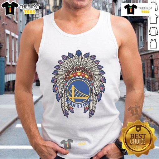 Alt Text: Premium Golden State Warriors Native American logo tank top featuring vibrant colors and a stylish design.
