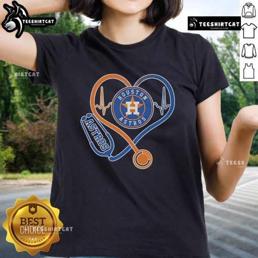 Premium Houston Astros Caring Hearts Nurse Stethoscope Ladies Tee showcasing team spirit and healthcare pride.