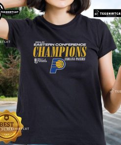 Alt Text: Premium Indiana Pacers 2025 Eastern Conference Champions basketball ladies tee in vibrant colors and stylish design.