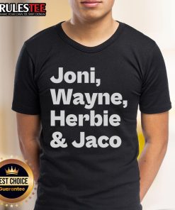 Alt Text: Premium Joni Wayne Herbie and Jaco T-Shirt featuring vibrant graphics and a comfortable fit for music lovers.
