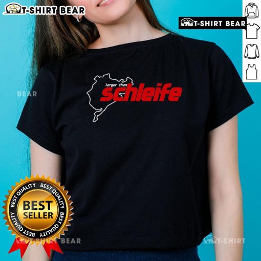 Alt Text: Premium Larger Than Schleife Trackstreet Boys III Ladies Tee in stylish design, perfect for casual wear and fans.