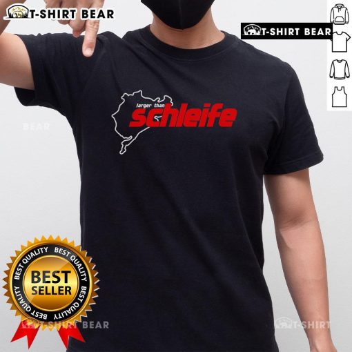 Alt Text: Premium Larger Than Schleife Trackstreet Boys III T-Shirt featuring vibrant design and comfortable fit for fans.