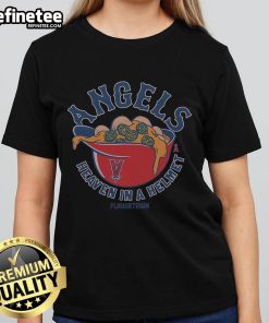 Premium MLB X Flavortown Los Angeles Angels Heaven in a Helmet Ladies Tee featuring vibrant team colors and stylish design.