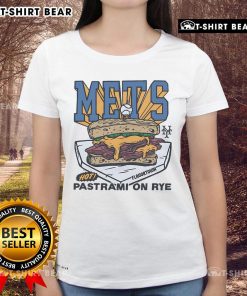 Alt Text: Premium MLB X Flavortown New York Mets Pastrami on Rye Ladies Tee showcasing vibrant design and comfortable fit.