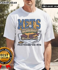 Premium MLB x Flavortown New York Mets pastrami on rye T-shirt featuring vibrant team colors and unique graphic design.