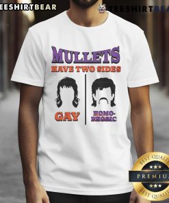 Premium Mullets Have Two Sides Gay And Homophobic T-Shirt design featuring bold text and vibrant colors, perfect for statement wear.