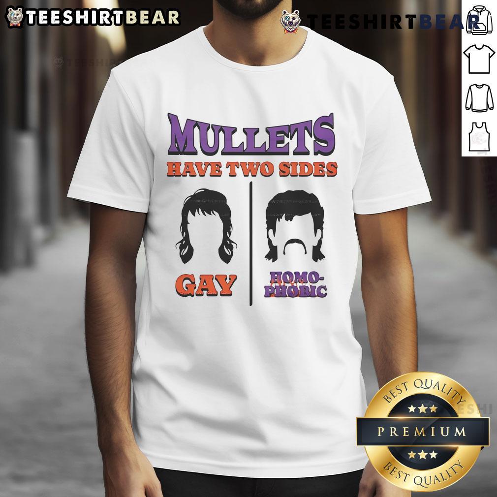 Premium Mullets Have Two Sides Gay And Homophobic T Shirt Premium Mullets Have Two Sides Gay And Homophobic T-Shirt design featuring bold text and vibrant colors, perfect for statement wear.