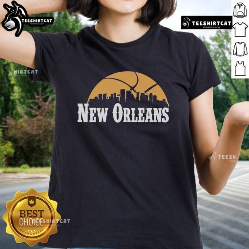 Alt Text: Premium New Orleans Pelicans cityscape skyline style 2025 ladies tee featuring vibrant team colors and design.