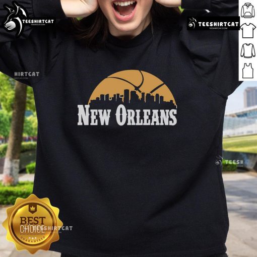 Alt Text: Premium New Orleans Pelicans cityscape skyline style 2025 sweatshirt featuring vibrant colors and team logo design.