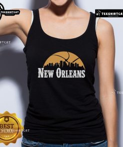 Premium New Orleans Pelicans cityscape skyline tank top design for 2025, showcasing vibrant team colors and urban style.