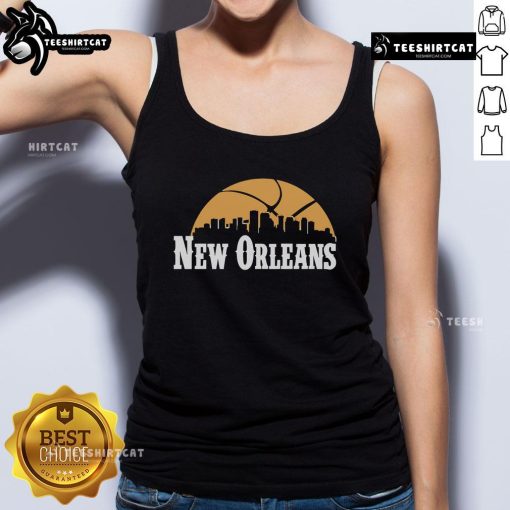 Premium New Orleans Pelicans cityscape skyline tank top design for 2025, showcasing vibrant team colors and urban style.