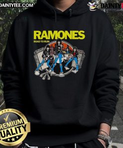 Alt Text: Premium Ramones Road to Ruin cartoon hoodie featuring iconic band artwork in vibrant colors.