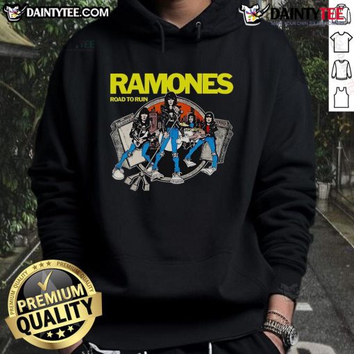 Alt Text: Premium Ramones Road to Ruin cartoon hoodie featuring iconic band artwork in vibrant colors.