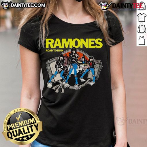 Alt Text: Premium Ramones Road to Ruin cartoon ladies tee featuring vibrant graphics and a stylish fit for fans.