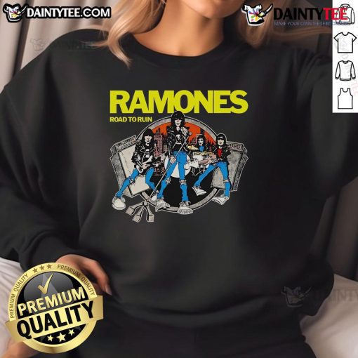 Premium Ramones Road to Ruin cartoon sweatshirt featuring vibrant graphics and iconic band design for fans.