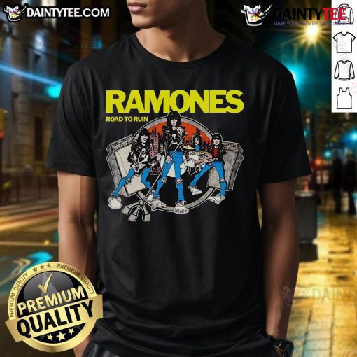 Premium Ramones Road To Ruin Cartoon T-Shirt featuring iconic band artwork and vibrant colors for fans and collectors.
