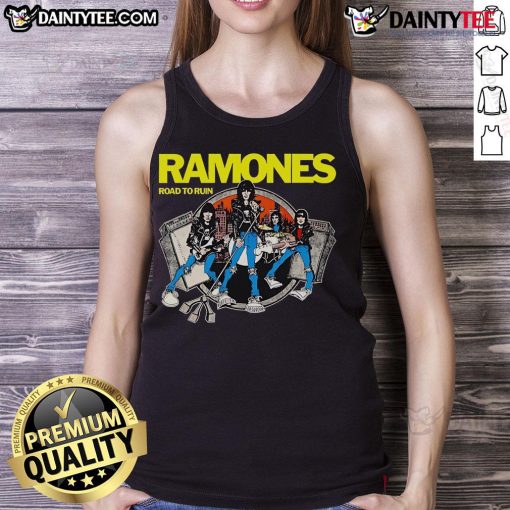 Premium Ramones Road to Ruin cartoon tank top featuring vibrant graphic design and classic punk rock style.