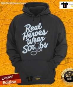 Premium Real Heroes Wear Scrubs Hoodie in navy blue, showcasing a stylish design for healthcare professionals and enthusiasts.