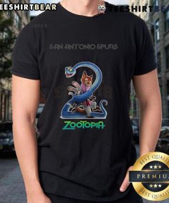 Alt Text: Premium San Antonio Spurs Zootopia 2 T-Shirt featuring vibrant graphics, perfect for basketball fans and movie lovers.