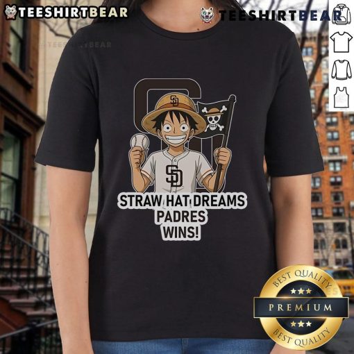 Premium San Diego Padres Monkey D. Luffy Straw Hat Dreams Wins Ladies Tee featuring vibrant colors and playful design.