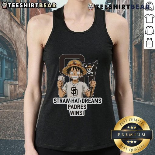 Premium San Diego Padres Monkey D. Luffy Straw Hat Dreams Wins tank top featuring vibrant design and fan-favorite characters.