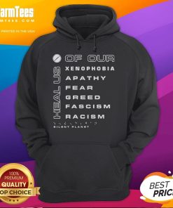 Premium Silent Planet hoodie featuring 'Heal Us Of Our Xenophobia Apathy Fear Greed Fascism Racism' design.