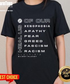 Premium Silent Planet Heal Us Tee for ladies featuring a powerful design against xenophobia, apathy, and racism.
