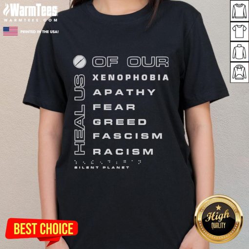 Premium Silent Planet Heal Us Tee for ladies featuring a powerful design against xenophobia, apathy, and racism.