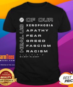 Premium Silent Planet 'Heal Us Of Our Xenophobia' T-Shirt featuring powerful messaging against fear, greed, and racism.