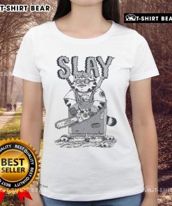 Alt Text: Premium Slay Cat 'I Hate Mondays' Lasagna Ladies Tee featuring a playful cat design, perfect for casual wear.