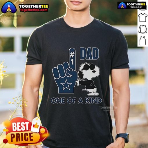 Alt Text: Premium Snoopy Dallas Cowboys Dad One Of A Kind T-Shirt featuring Snoopy in Cowboys gear, perfect for Father's Day.