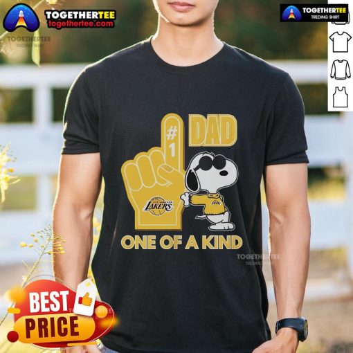 Alt Text: Premium Snoopy Los Angeles Lakers Dad T-Shirt featuring a unique design perfect for Lakers fans and fathers.
