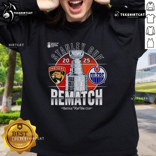 Alt Text: Premium Stanley Cup Final 2025 sweatshirt featuring Florida Panthers vs Edmonton Oilers rematch logo design.
